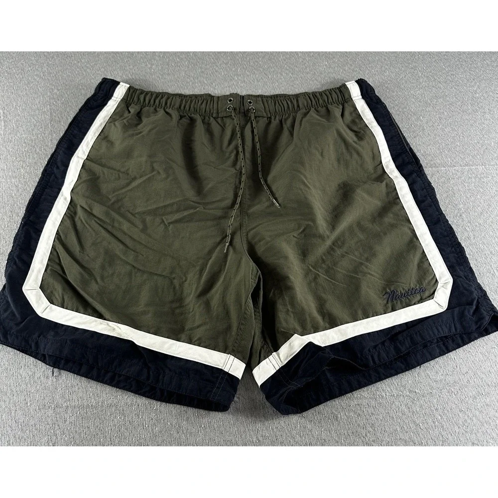 Nautica Swim Trunks Mens XL Green Lined Drawstring Elastic Color Block Lined